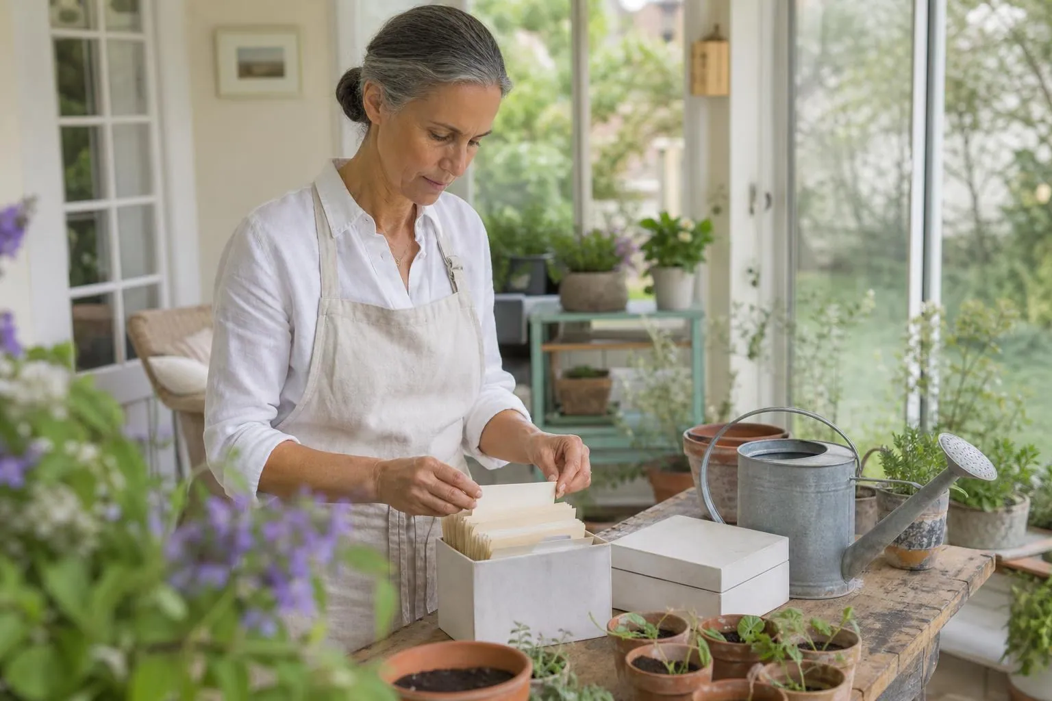 Femme d’environ cinquante cinq ans dans une véranda claire, sortant une fiche cartonnée d’une boîte à fiches en carton posée sur une table entourée de plantes