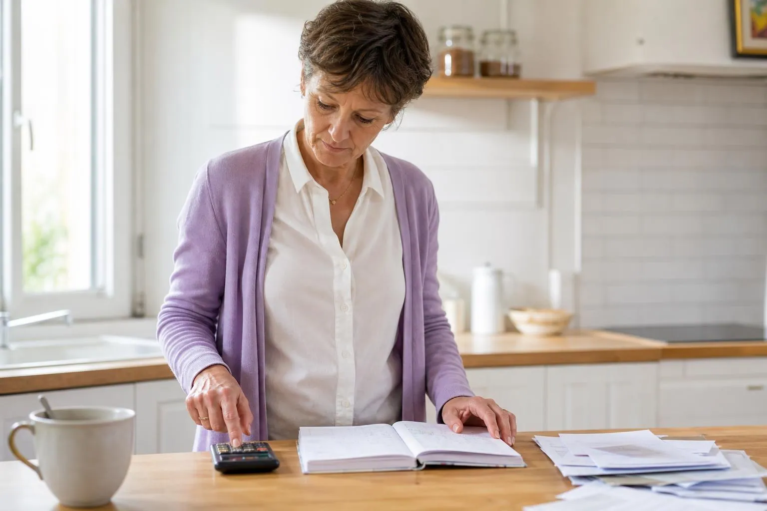 Femme d’environ cinquante six ans debout à un plan de travail de cuisine claire, une calculatrice à touches sous la main et un carnet à colonnes ouvert devant elle