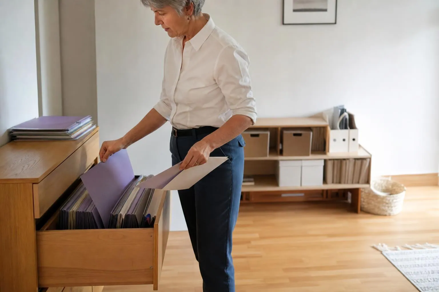 Femme de près de soixante ans debout devant un meuble à dossiers ouvert dans un bureau clair, retirant une chemise cartonnée d’un tiroir rempli de classeurs