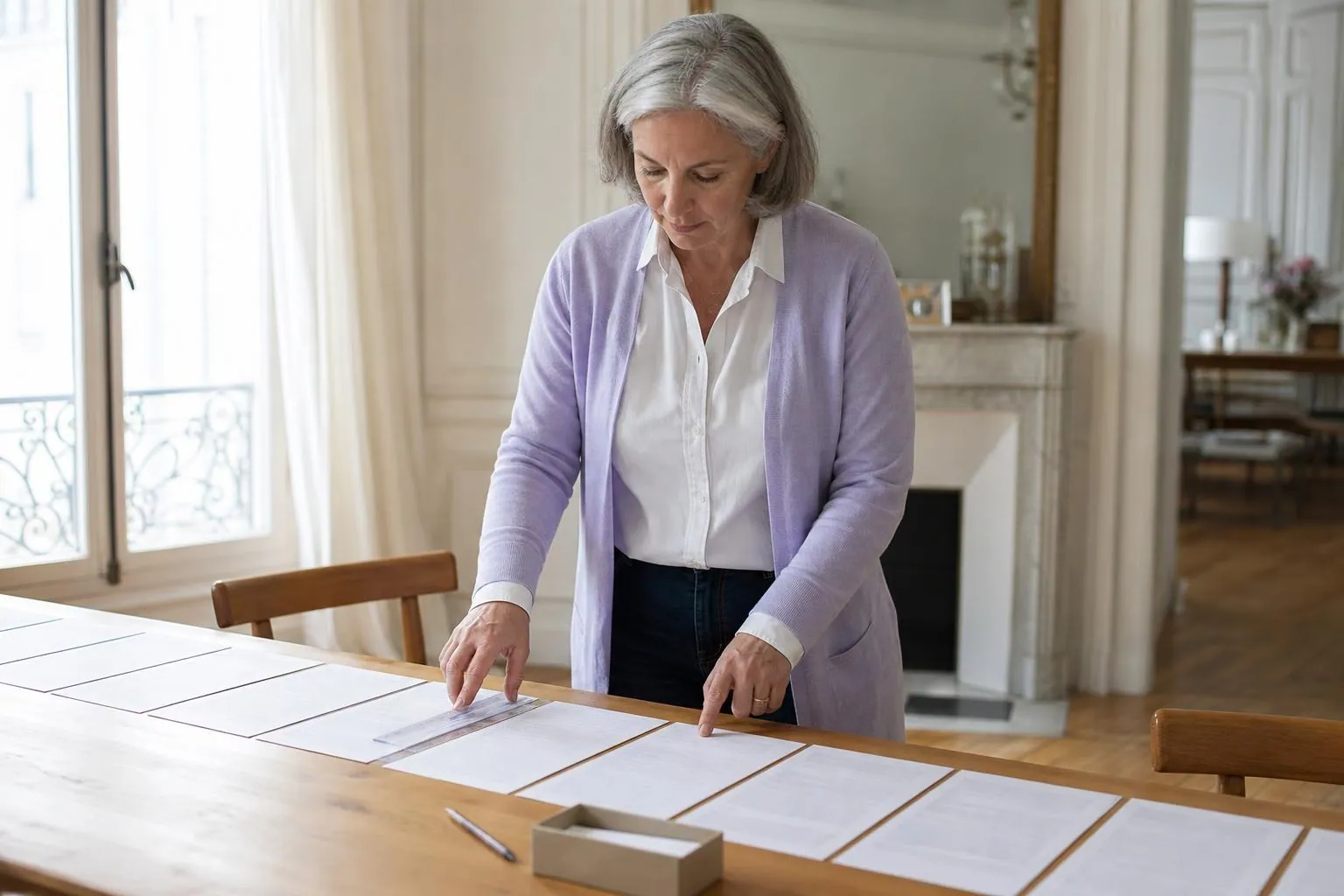 Femme d’une cinquantaine d’années debout devant une longue table claire où des feuillets imprimés sont alignés en une seule rangée, une règle transparente à la main