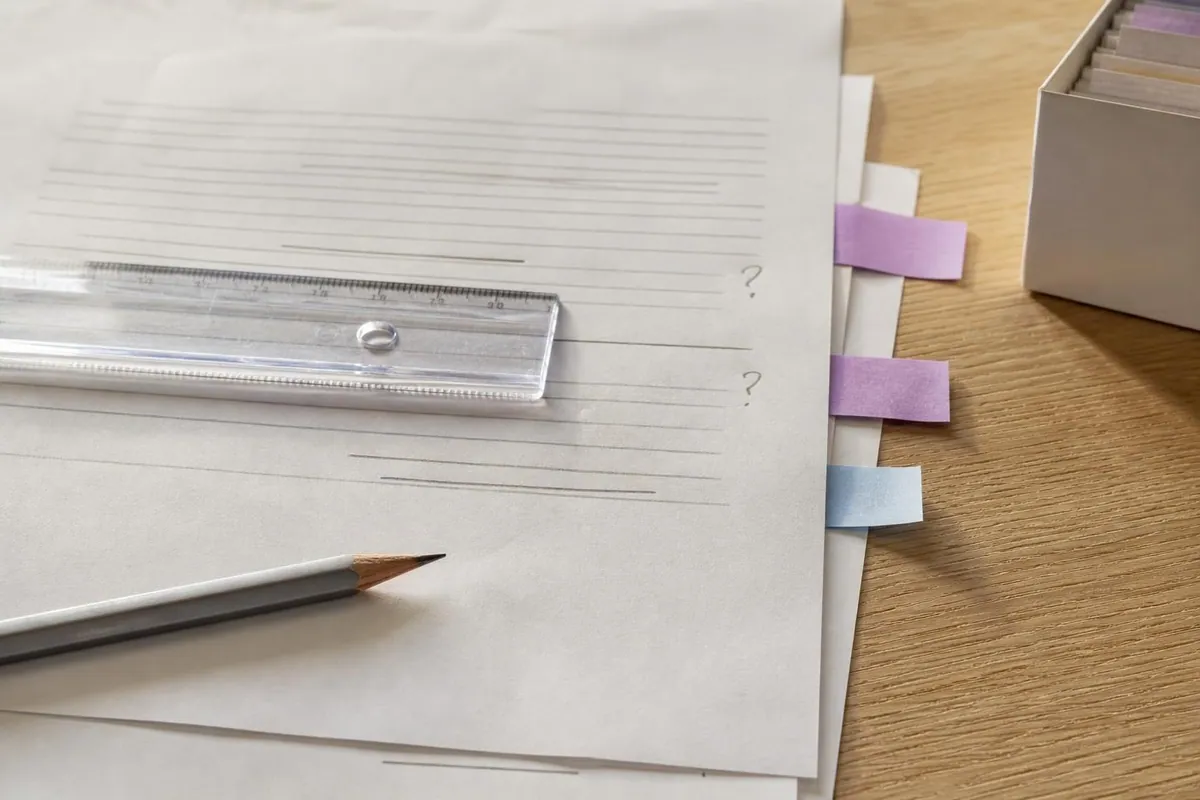 Gros plan de feuillets imprimés annotés au crayon avec une règle transparente posée sur une ligne, des onglets adhésifs lilas et une boîte à fiches en carton