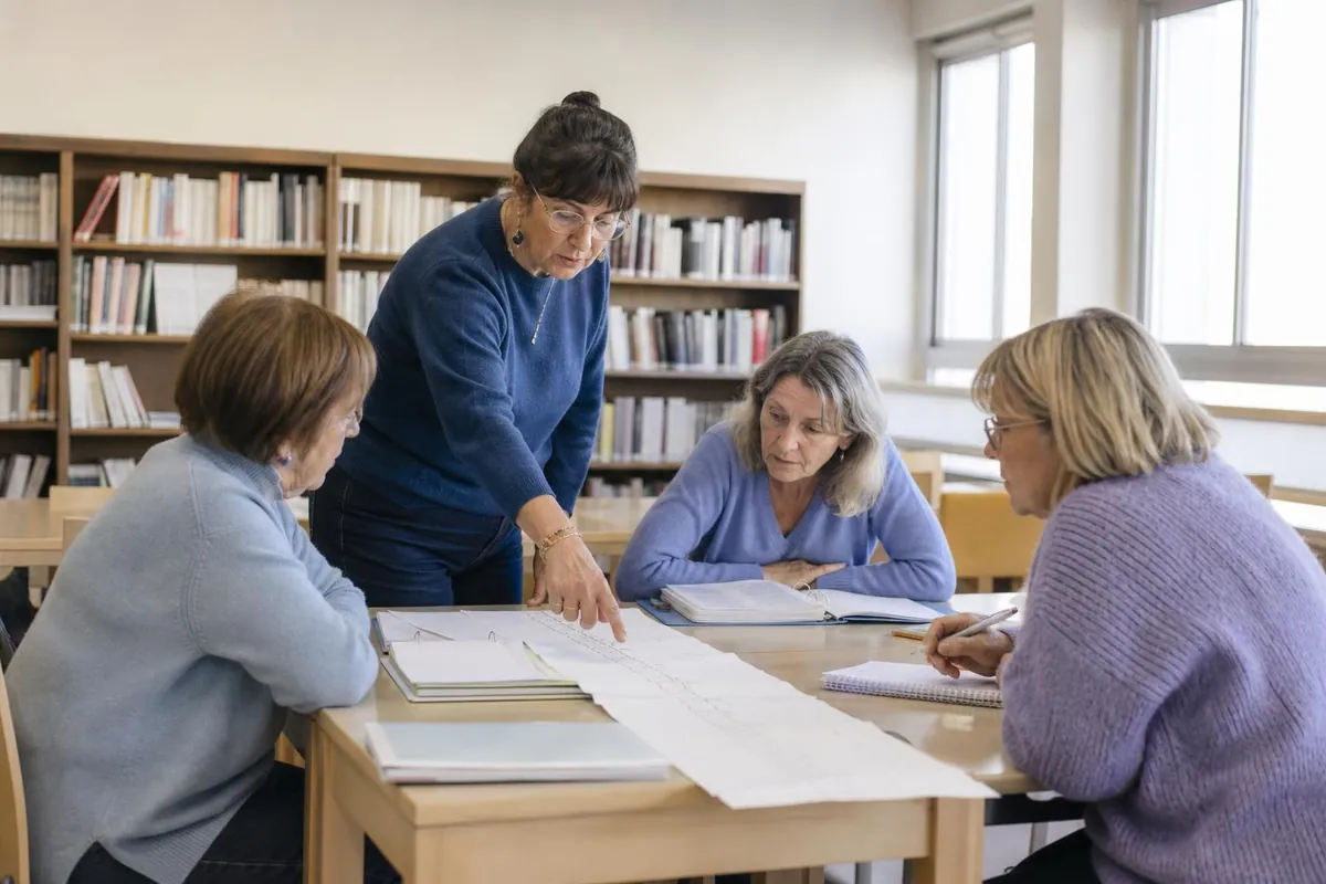 Quatre femmes de cinquante à soixante ans assises autour d’une table de salle municipale, classeurs et feuillets ouverts, l’une d’elles montre une frise dessinée à la main